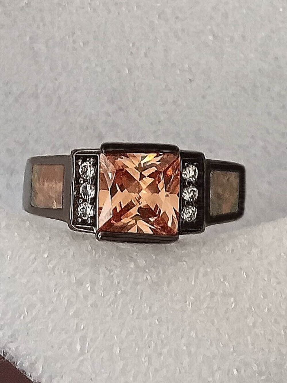 New - Morganite With Orange Fire Opal and CZ In Black Gold Filled Ring - Size 7